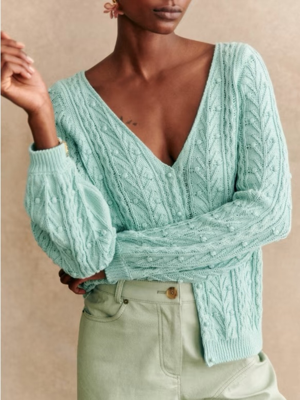 Sezane Sea Green Cable-Knit V-Neck Sweater